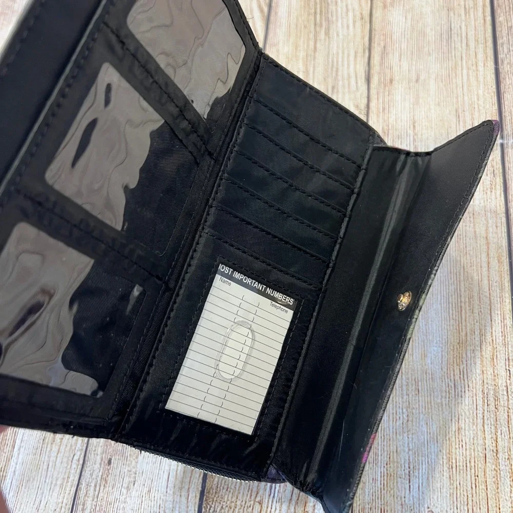 Guang TongVegan Leather Wristlet Wallet Black‎ Gold Hardware Organizer Floral